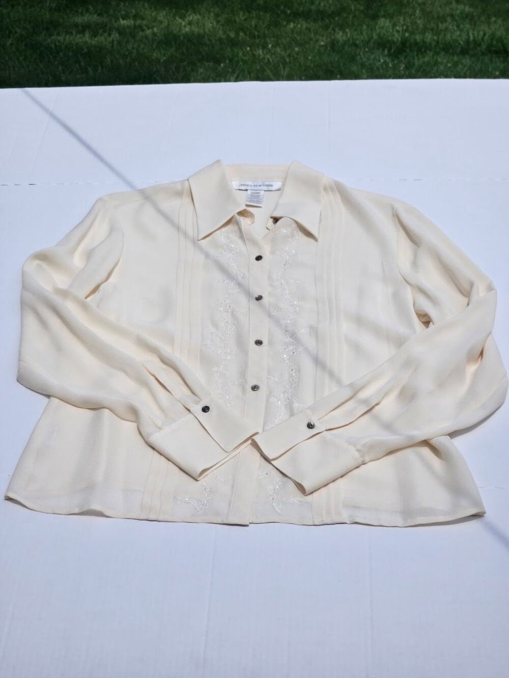 Vintage 90s Jones New York Ivory Cream 100% Silk Sheer Blouse – Women's Size 10